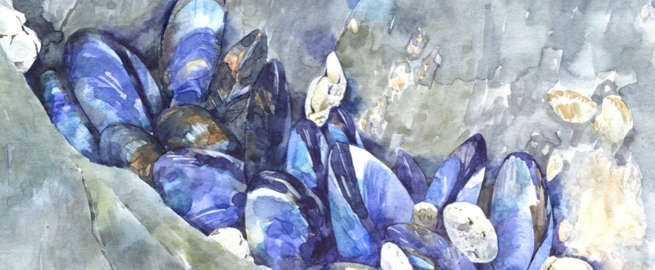 An abstract painting of some blue mussels